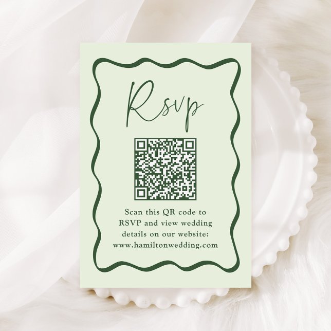 Carte D'accompagnement Code QR RSVP de mariage à cadre vert ondulé modern (Créateur téléchargé)