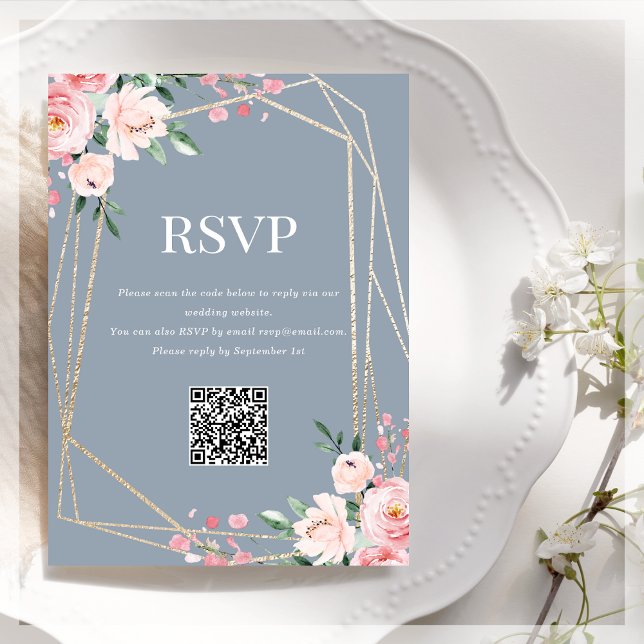 Carte D'accompagnement Code QR RSVP | Floral Rose Pâle Bleu Poussière  (Créateur téléchargé)