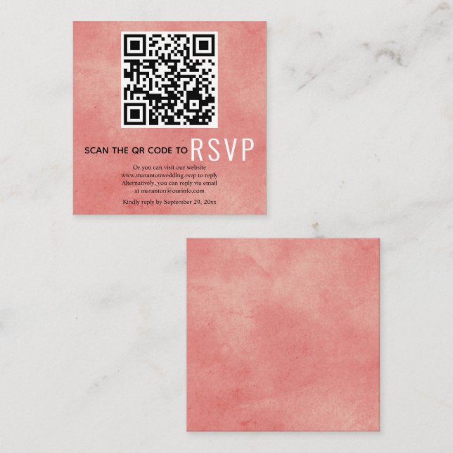 Carte D'accompagnement Code QR RSVP mariage corail taché rose (Devant / Derrière)