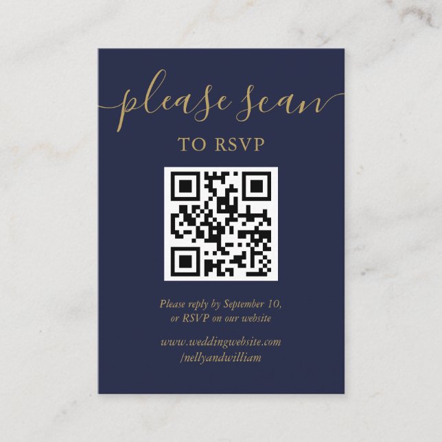 Carte D'accompagnement Code QR RSVP Marine Blue And Gold Script (Devant)