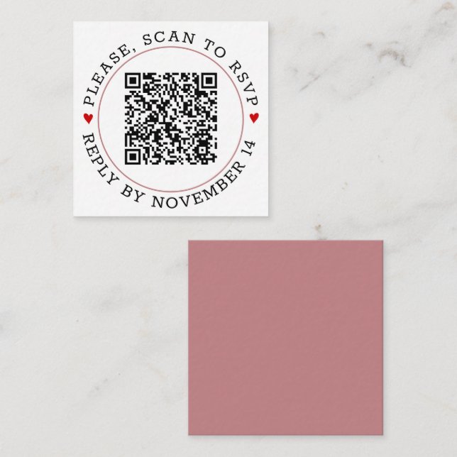 Carte D'accompagnement Code QR RSVP rose poussiéreux frontière et coeur m (Devant / Derrière)