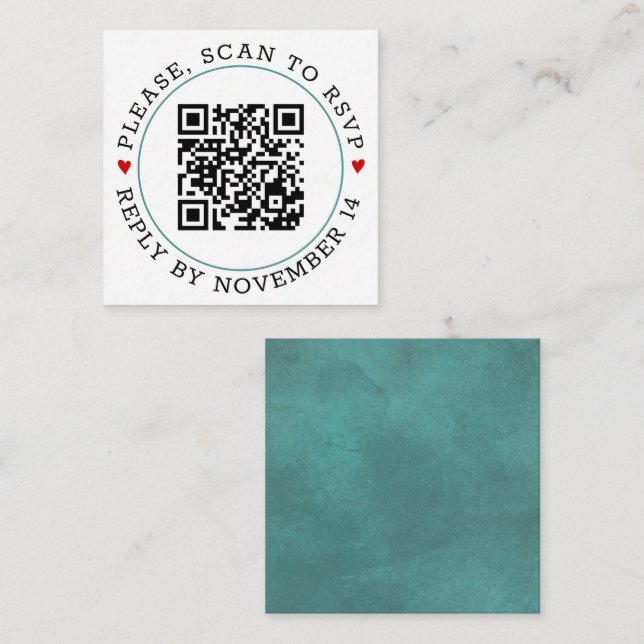 Carte D'accompagnement Code QR RSVP turquoise frontière bleue et mariage  (Devant / Derrière)