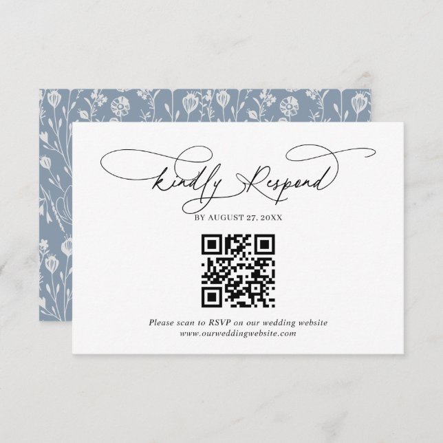 Carte D'accompagnement Code QR Script Floral Dusty Blue Wedding Rsvp (Devant / Derrière)