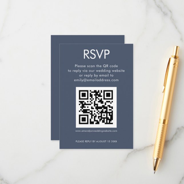 Carte D'accompagnement Code QR simple Dusty Marine Blue Wedding RSVP (Devant/Arrière en situation)