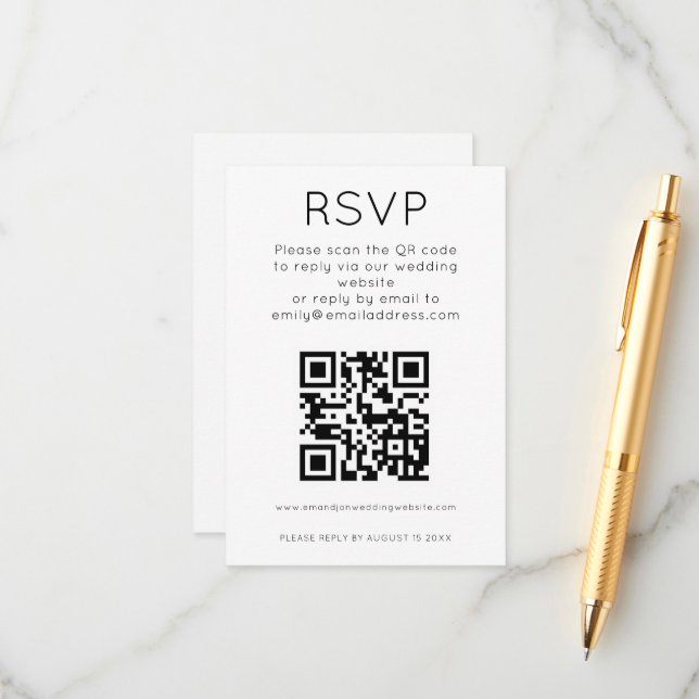 Carte D'accompagnement Code QR simple Noir Blanc Mariage RSVP Enclôture (Devant/Arrière en situation)