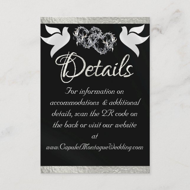 Carte D'accompagnement Coeur et colombes, code QR - Noir/Argent (Devant)