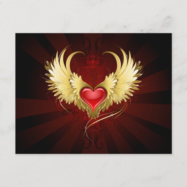 Carte D'accompagnement Coeur rouge avec ailes d'or (Devant)
