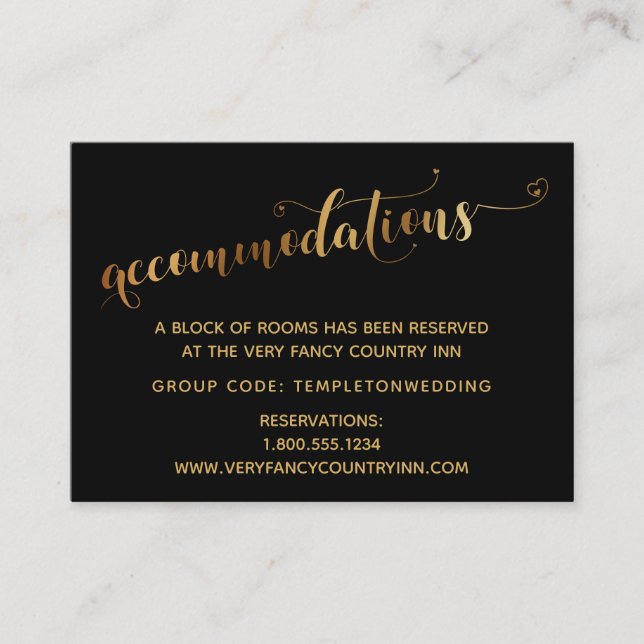 Carte D'accompagnement Coeurs d'or Script Mariage noir Hébergements (Devant)