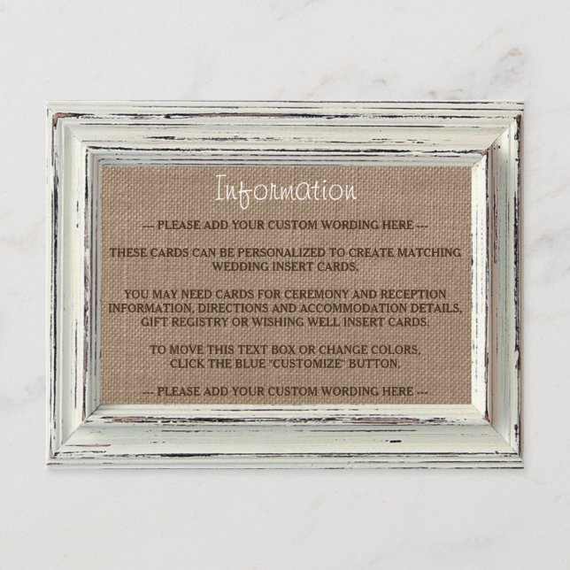 Carte D'accompagnement Collection de Mariages Rustic White Frame & Burlap (Devant)