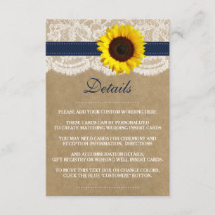 Carte D'accompagnement Collection Rustique de Mariages de tournesol Kraft