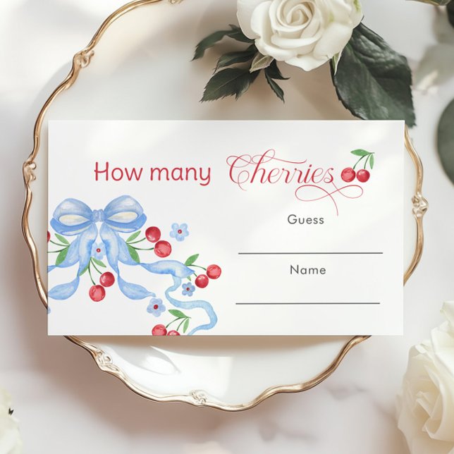 Carte D'accompagnement Combien de cerises Blue Bow Baby shower jeu (Créateur téléchargé)
