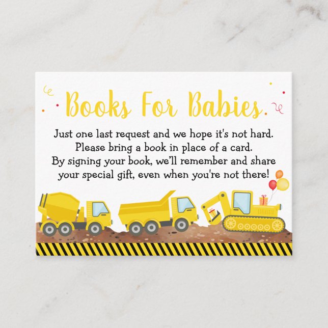 Carte D'accompagnement Construction Camion Twin Boy Livres Pour Bébés (Devant)