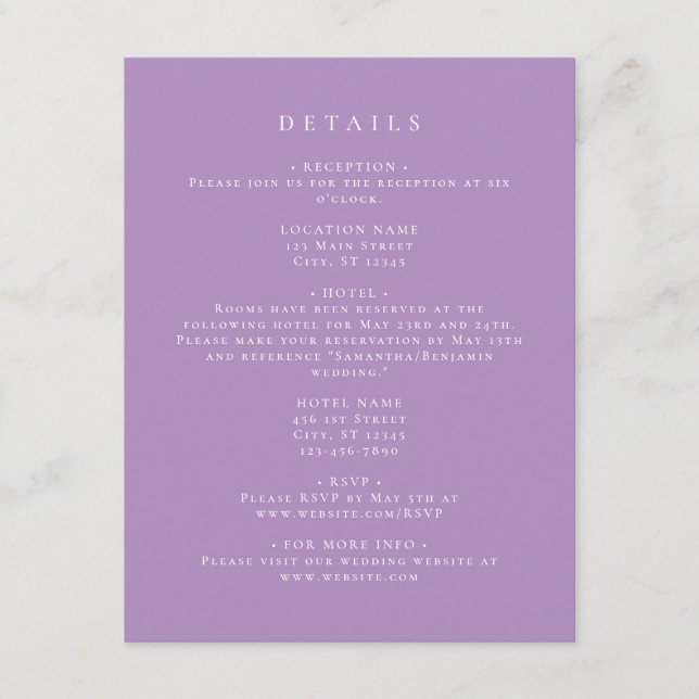 Carte D'accompagnement Coordonnées Lilac élégantes (Devant)