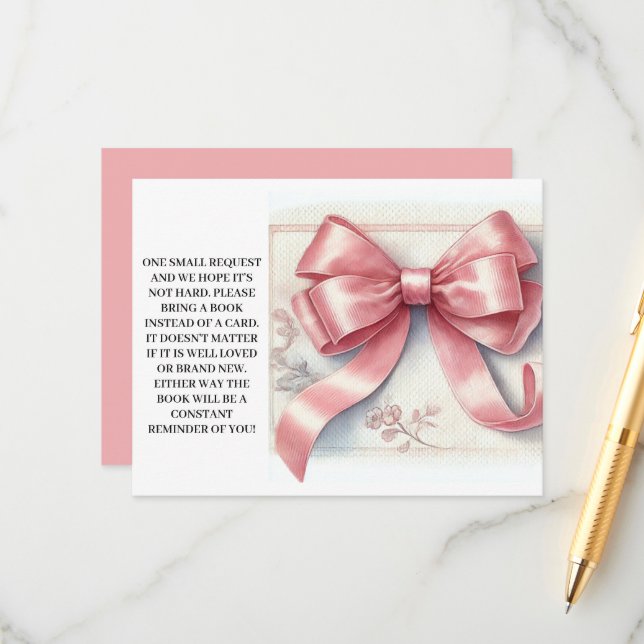 Carte D'accompagnement Coquette Baby shower Bow rose Livres pour bébé (Devant/Arrière en situation)
