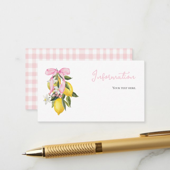 Carte D'accompagnement Coquette citron rose Bow informations sur le baby  (Devant/Arrière en situation)