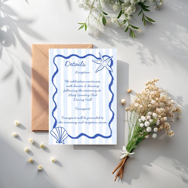 Carte D'accompagnement Coquillages bleu ondulé bordé détails de mariage (Seashells blue wavy border beach wedding invitation details enclosure cards)