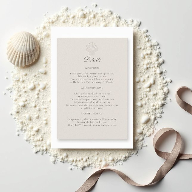 Carte D'accompagnement Coquille Côtière Nautique Détails Mariage Formel É (nautical wedding reception details ecru coastal modern classic formal traditional elegant shell)