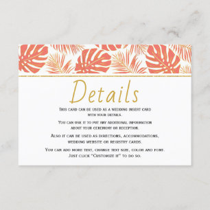 Carte D'accompagnement Corail moderne tropical feuille détails mariages