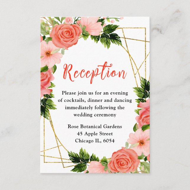Carte D'accompagnement Coral Red Roses with Foliage Wedding Reception (Devant)