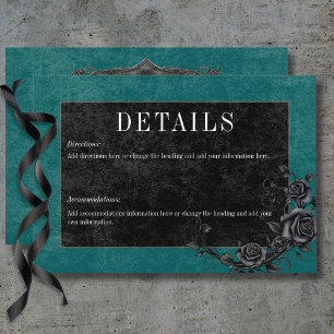 Carte D'accompagnement Corbeau noir gothique & Roses noirs Turquoises Dét