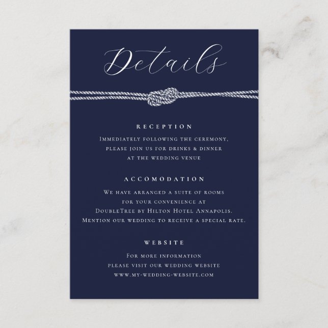 Carte D'accompagnement Corde nautique Marine Blue Elegant Détails Mariage (Devant)