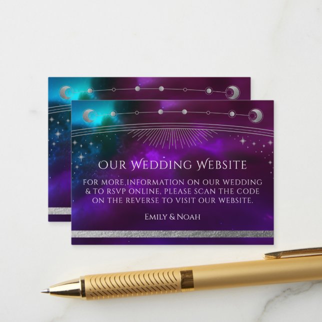 Carte D'accompagnement Cosmic Purple Turquoise Mariage Site Web RSVP QR C (Devant/Arrière en situation)