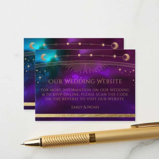 Carte D'accompagnement Cosmic Purple Turquoise Mariage Site Web RSVP QR C (Devant/Arrière en situation)