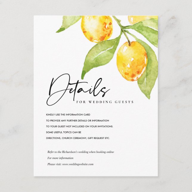 CARTE D'ACCOMPAGNEMENT COULEUR D'EAU JAUNE FOLIAGE OLIVE DÉTAILS MARIAGES (Devant)