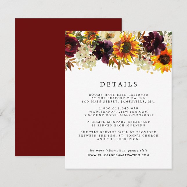 Carte D'accompagnement Couleurs d'automne Mariage de tournesol Détails de (Devant / Derrière)