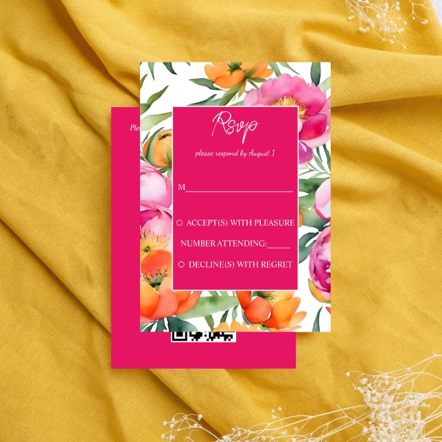 Carte D'accompagnement Couleurs vives rose orange pivoines élégant RSVP (Bold colors pink orange peonies elegant RSVP Enclosure Card wedding response card modern qr rsvp)