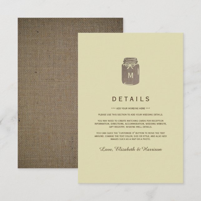 Carte D'accompagnement Country Burlap Mason Jar Détail du Mariage (Devant / Derrière)