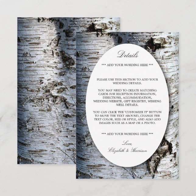 Carte D'accompagnement Country Rustic Birch Tree Mariage détails (Devant / Derrière)