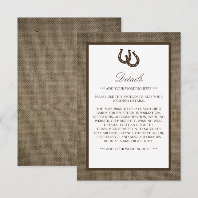Carte D'accompagnement Country Rustic Horseshoe On Burlap Mariage Détail (Devant / Derrière)