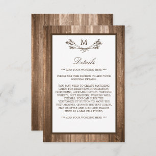 Carte D'accompagnement Country Rustic Monogram Branche & Mariage bois