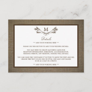 Carte D'accompagnement Country Rustic Monogramme Branche & Mariage Burlap
