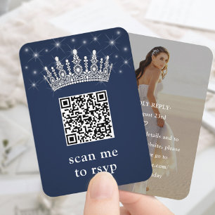 Carte D'accompagnement Couronne de Quinceañera Bleu Marine et Étoiles QR 