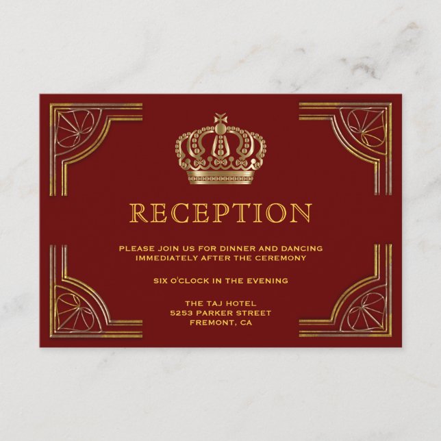 Carte D'accompagnement Couronne Ornée Rouge Élégante Réception de Mariage (Devant)