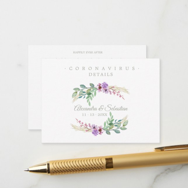 Carte D'accompagnement Covid19 Details Sophisticated Lilac Chic Wreath (Devant/Arrière en situation)