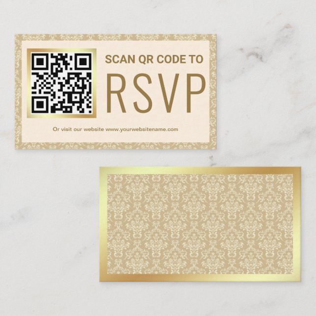 Carte D'accompagnement Cream et Gold Damask QR Code RSVP Mariage Website (Devant / Derrière)