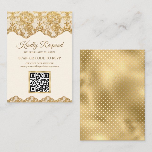 Carte D'accompagnement Cream Gold Foil Lace QR Code RSVP Site Mariage (Devant / Derrière)