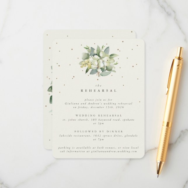 Carte D'accompagnement Crème Snowberry+Eucalyptus Mariage répétition (Devant/Arrière en situation)