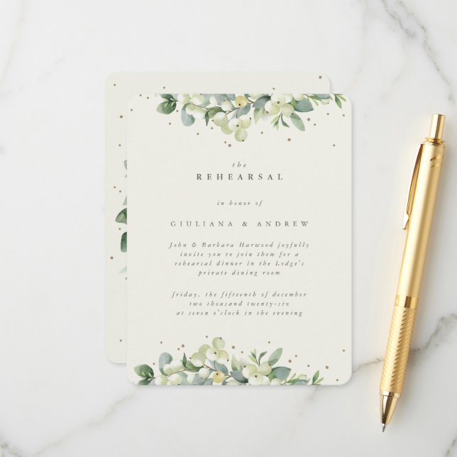 Carte D'accompagnement Crème Snowberry+Eucalyptus Répétition Mariage Bord (Devant/Arrière en situation)