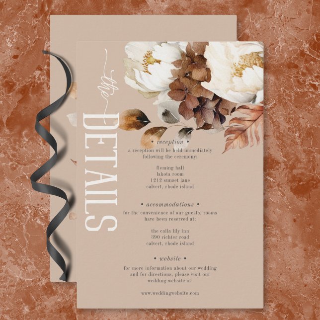Carte D'accompagnement Crème Tan Rustique & Chute Brown Détails floraux (Rustic Tan Cream & Brown Fall Floral Details Enclosure Card)
