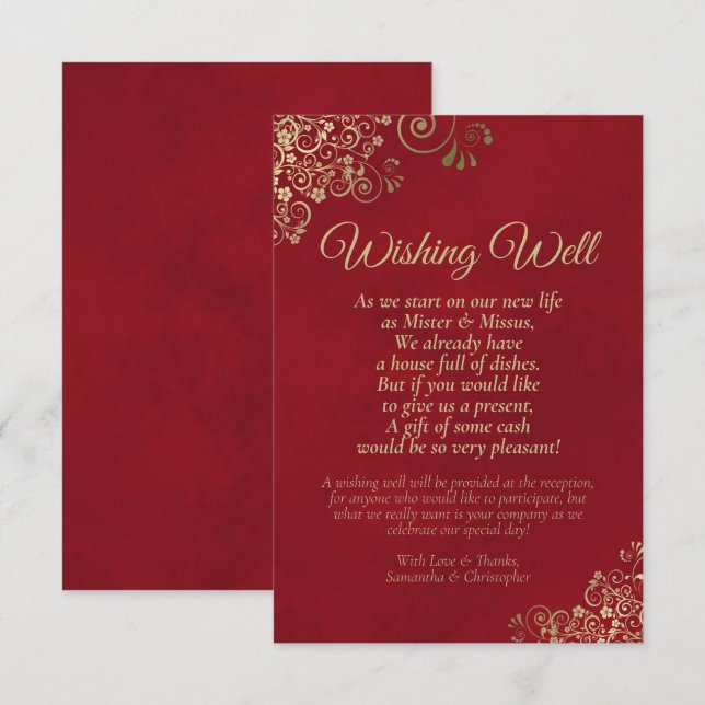 Carte D'accompagnement Crimson Red & Gold Lace Mariage Wishing Well Poem (Devant / Derrière)