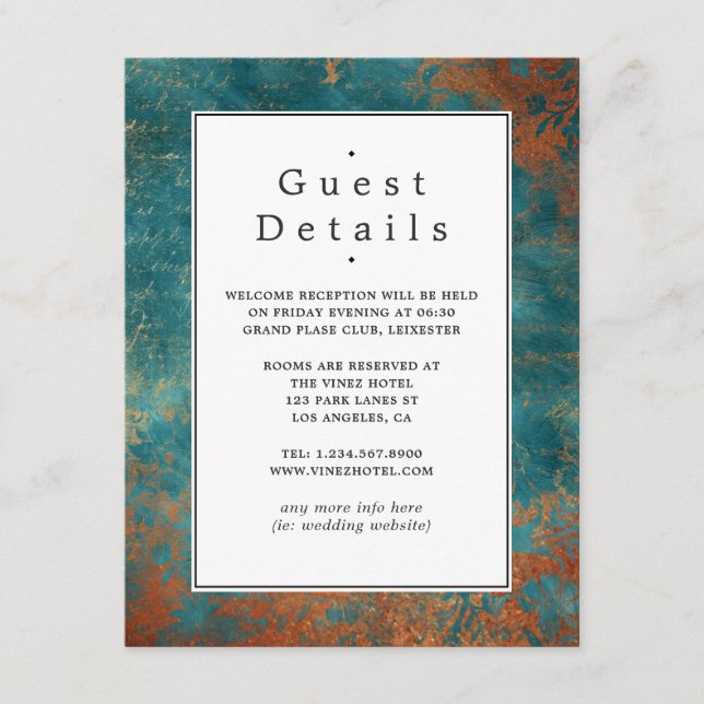 Carte D'accompagnement Cuivre Patina et Mariage Turquoise Détails (Devant)