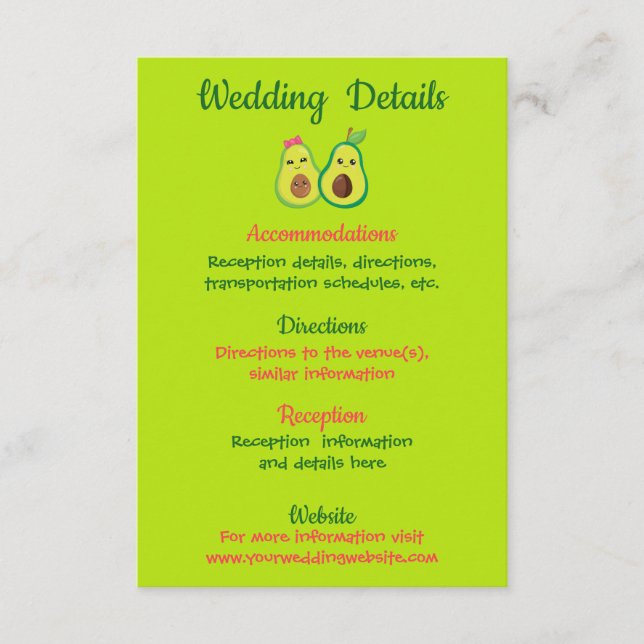 Carte D'accompagnement Cute Avocados Romantique Détails du Mariage (Devant)