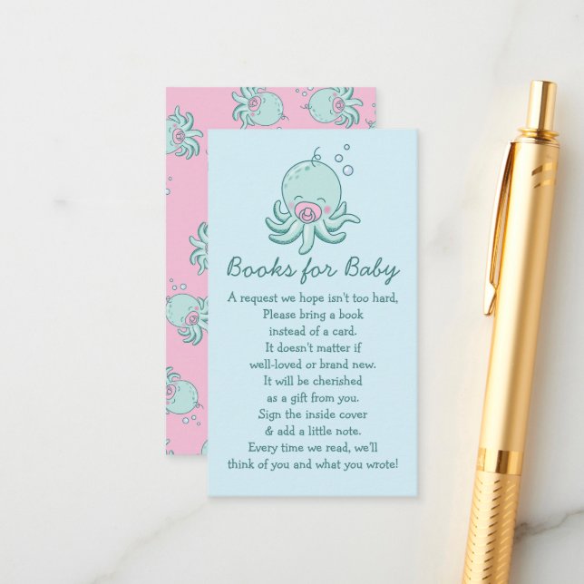 Carte D'accompagnement Cute Baby shower Octopus Kawaii Livre rose pour bé (Devant/Arrière en situation)