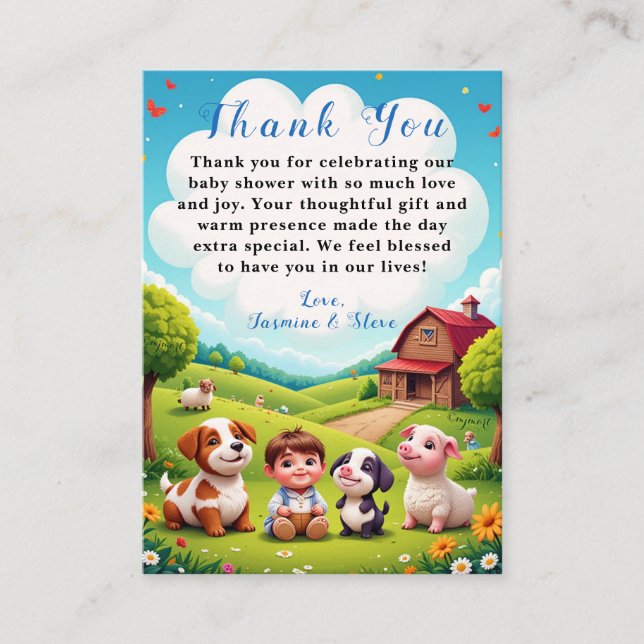 Carte D'accompagnement Cute Boy Farm Animaux Baby shower Merci (Devant)