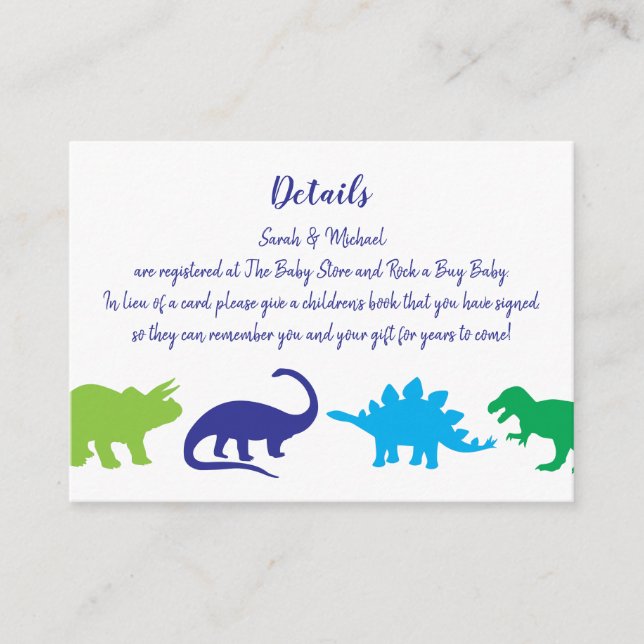 Carte D'accompagnement Cute Dinosaur Baby shower Dino Blue et Green Boy (Devant)