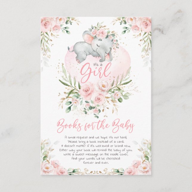 Carte D'accompagnement Cute Elephant Blush Gold Floral Livres pour bébé (Devant)